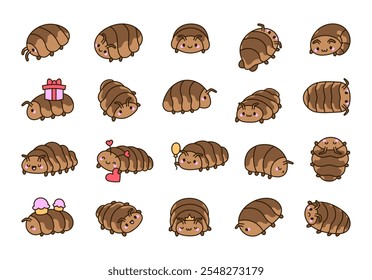 Cute kawaii cartoon isopod characters with various funny expressions and adorable poses for kids and artistic design projects