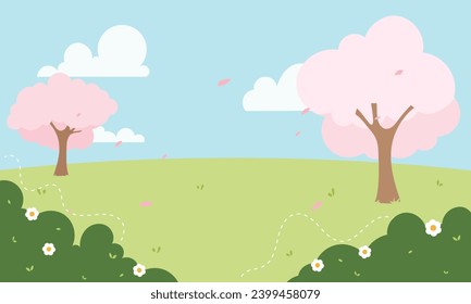 Cute Kawaii Cartoon Landscape Background with grass, meadow and trees