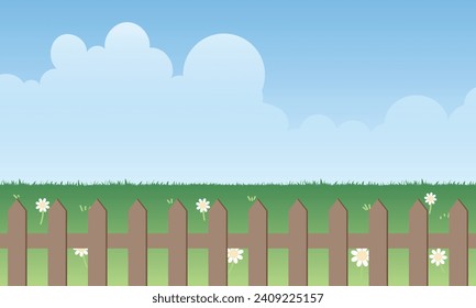 Cute kawaii cartoon landscape background meadow with flowers and fence
