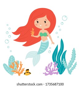 Cute kawaii cartoon mermaid with seaweed and coral. Vector illustration for  children books and greeting cards.