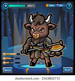 Cute kawaii cartoon minotaur hero game design holding a axe.