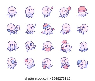 Cute kawaii cartoon octopus characters with funny expressions in various adorable and playful poses for kids and artistic design projects