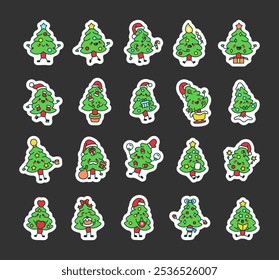 Cute kawaii cartoon outline Christmas trees collection with festive poses and holiday items for winter season