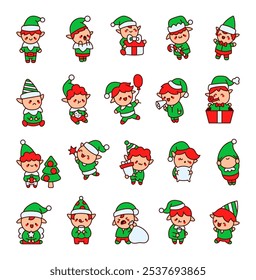 Cute kawaii cartoon outline Christmas elves collection with different poses and festive items for winter holiday season