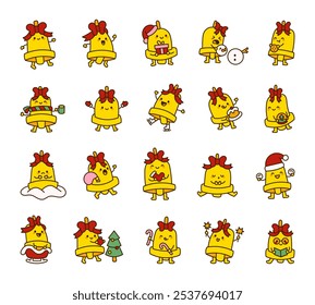 Cute kawaii cartoon outline Christmas Bell collection with different poses and holiday festive items for winter