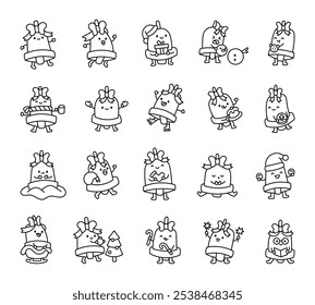 Cute kawaii cartoon outline Christmas Bell collection with different poses and holiday festive items for winter