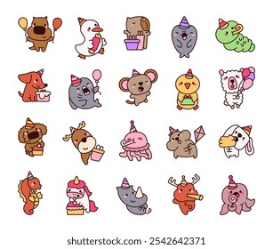 Cute kawaii cartoon party animals characters with hats balloons and festive accessories for birthday celebration events