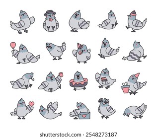 Cute kawaii cartoon pigeon characters with funny expressions in various adorable poses for kids and creative design projects