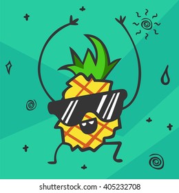 Cute kawaii cartoon pineapple. Smiling and dancing fruit character in glasses. Healthy food product. Vector illustration. 