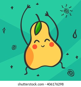 Cute kawaii cartoon pire. Smiling and dancing fruit character. Healthy food product. Vector illustration. 