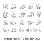 Cute kawaii cartoon platypus characters in outline style with various poses and playful activities for creative design and decor collection elements