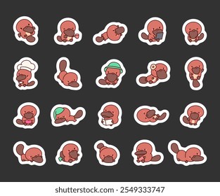 Cute kawaii cartoon platypus characters in outline style with various poses and playful activities for creative design and decor collection elements