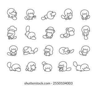 Cute kawaii cartoon platypus characters in outline style with various poses and playful activities for creative design and decor collection elements