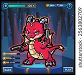 Cute kawaii cartoon red dragon hero game design holding a gun.