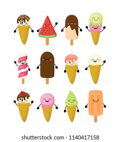 Cute kawaii cartoon set of different ice cream vector illustration isolated on white background.