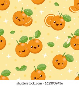 Cute kawaii cartoon smiling oranges, seamless vector background for children. Friut, slices and pieces of emoji orange with green leaves and flowers. Funny happy citruses.