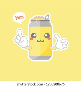 Cute and kawaii cartoon soda Cans. Cute lovely emoticon emoji face, smile, happy. Happy face with blushing emoticon, so adorable and cute. Drinking with friends. Cold cola and soda. 