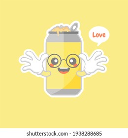 Cute and kawaii cartoon soda Cans. Cute lovely emoticon emoji face, smile, happy. Happy face with blushing emoticon, so adorable and cute. Drinking with friends. Cold cola and soda. 