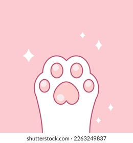 Cute kawaii cartoon soft cat paw vector illustration on pastel pink background with sparkles. Fluffy cats paws. Hand drawn doodle illustration. Soft color art in the Japanese style of the 80s, 90s