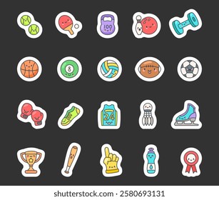 Cute kawaii cartoon sports equipment character set featuring funny training accessories, game objects, exercise tools, and playful elements for sports and recreation activities