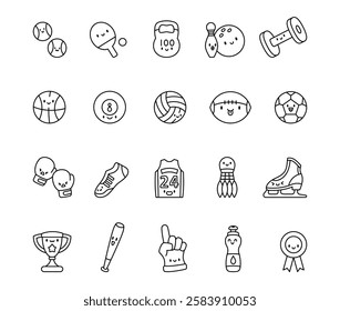 Cute kawaii cartoon sports equipment character set featuring funny training accessories, game objects, exercise tools, and playful elements for sports and recreation activities