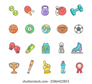 Cute kawaii cartoon sports equipment character set featuring funny training accessories, game objects, exercise tools, and playful elements for sports and recreation activities