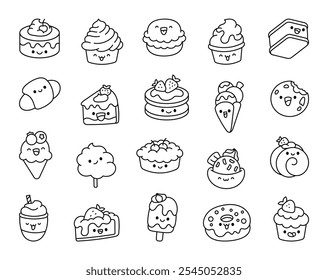 Cute kawaii cartoon sweets and dessert characters with adorable and playful expressions for kids and creative design projects