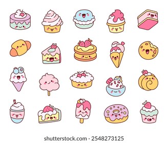 Cute kawaii cartoon sweets and dessert characters with adorable and playful expressions for kids and creative design projects