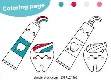 Cute kawaii cartoon tooth and toothpaste. Coloring page for kids about dental hygiene. Vector illustration.