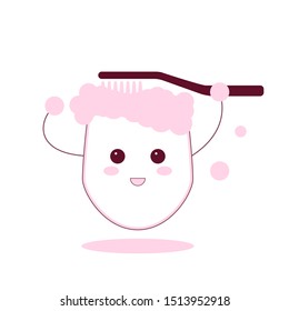 Cute kawaii cartoon tooth washing by toothbrush at the shower. Funny dental care illustration. Applicable as baby toothpaste concept. Cartoon flat vector illustration