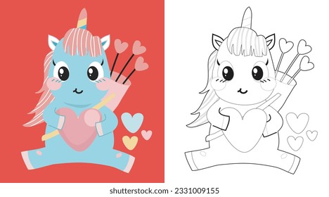 Cute and kawaii cartoon unicorn coloring page. Coloring cute cupid unicorn with the love arrows worksheet. Coloring activity for children. Printable educational coloring worksheet. Vector file.