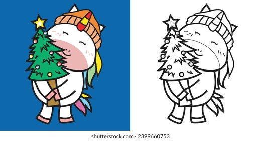 Cute and kawaii cartoon unicorn coloring page in Christmas edition. Coloring cute unicorn holding Christmas tree worksheet. Coloring activity with Xmas theme. Printable educational coloring page. 