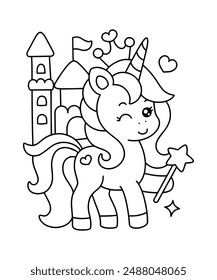 Cute kawaii cartoon unicorn coloring page vector illustration