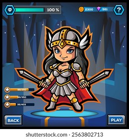 Cute kawaii cartoon valkyrie hero game design holding a sword.