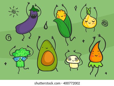 Cute kawaii cartoon vegetables set. Smiling and dancing characters. Healthy food products: eggplant, corn, onion, broccoli, avocado, mushroom, carrot. Vector illustration.