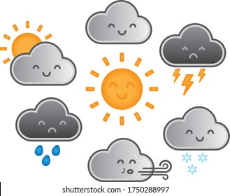 Cute Kawaii Cartoon Weather Symbols With Faces. Childrens Vector Illustration With Gradients Of Sunshine, Clouds, Rain, Snow, Wind And Thunder. Cloud Icons Emotions