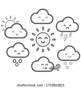 Cute kawaii cartoon weather symbols with faces. Childrens vector illustration of sunshine, clouds, rain, snow, wind and thunder. Cloud icons black outline