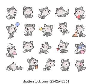 Cute kawaii cartoon wolf characters with different adorable poses expressions and moods for various occasions and celebrations