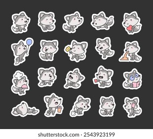 Cute kawaii cartoon wolf characters with different adorable poses expressions and moods for various occasions and celebrations