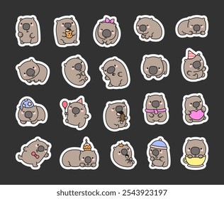 Cute kawaii cartoon wombat characters with funny expressions in adorable and playful poses for kids and artistic design projects