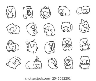 Cute kawaii cartoon wombat characters with funny expressions in adorable and playful poses for kids and artistic design projects