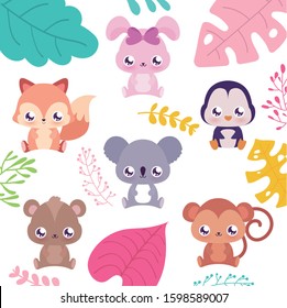 Cute kawaii cartoons with leaves design, Animals zoo life nature character childhood and adorable theme Vector illustration