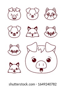 Cute kawaii cartoons line style icon set design, Animals zoo life nature character childhood and adorable theme Vector illustration