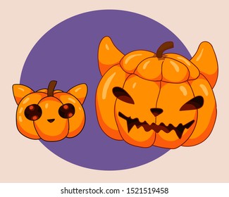 cute kawaii carved pumpkins in shape of cats. adorable kittens print