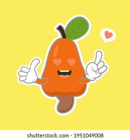 cute and kawaii cashew fruit character. cashew nut and fruit with leaf woodcut