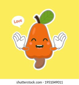 cute and kawaii cashew fruit character. cashew nut and fruit with leaf woodcut