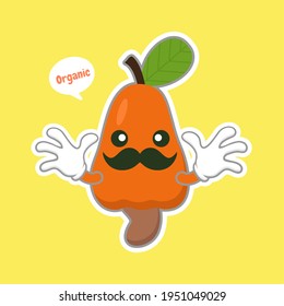 cute and kawaii cashew fruit character. cashew nut and fruit with leaf woodcut