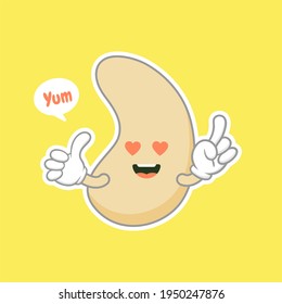 cute and kawaii cashew kidney shape nut flat cartoon character. Vector bean with head and eyes, comic superfood hero. Vegetarian food, healthy vegetable