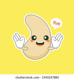cute and kawaii cashew kidney shape nut flat cartoon character. Vector bean with head and eyes, comic superfood hero. Vegetarian food, healthy vegetable