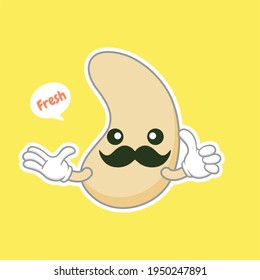 cute and kawaii cashew kidney shape nut flat cartoon character. Vector bean with head and eyes, comic superfood hero. Vegetarian food, healthy vegetable